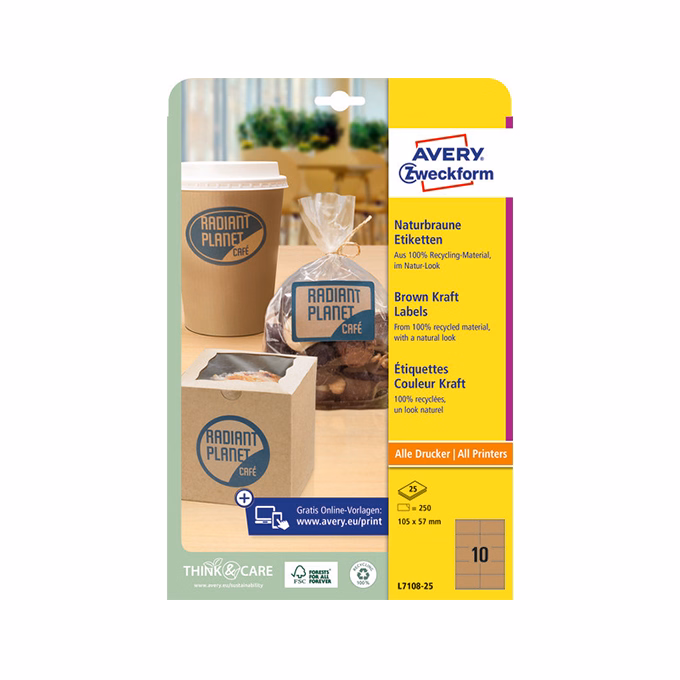 Etikett AVERY L7108-25 105x57 mm újrahasznosított barna kraft 25 íves