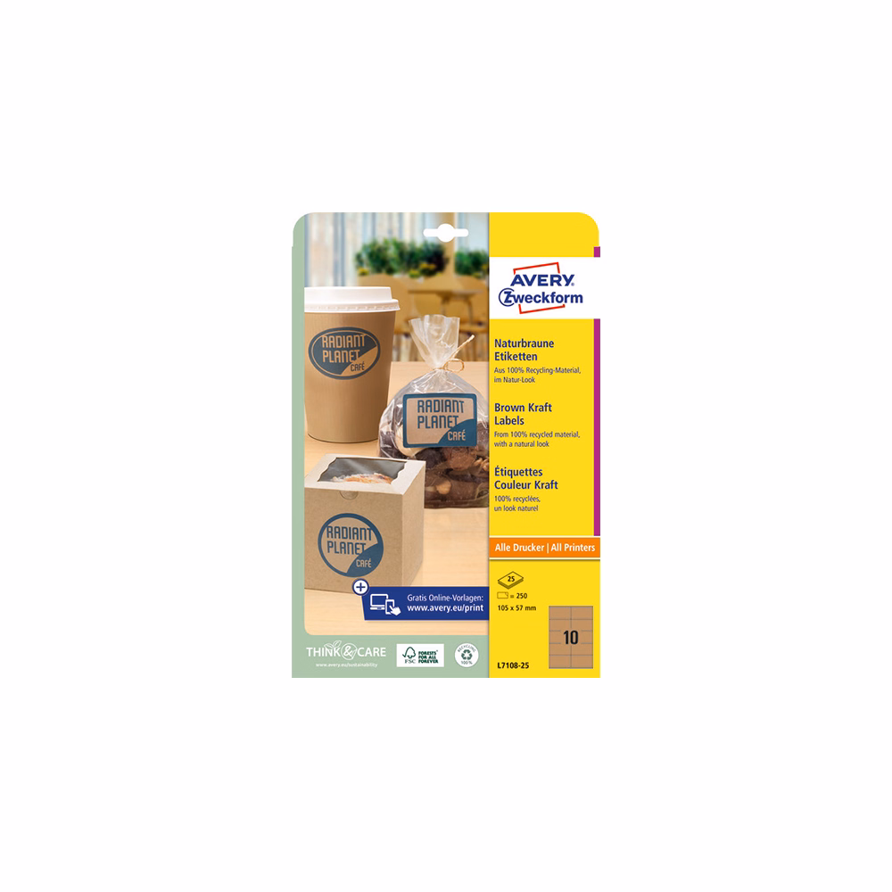 Etikett AVERY L7108-25 105x57 mm újrahasznosított barna kraft 25 íves