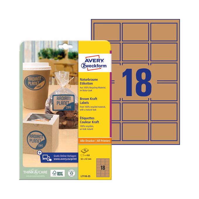 Etikett AVERY L7110-25 62x42mm termék címke környezetbarát barna kraft 450 címke/doboz 25 ív/doboz