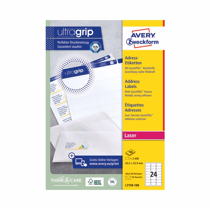 Etikett AVERY L7159-100 63,5x33,9mm univerzális 2400 címke/doboz 100 ív/doboz