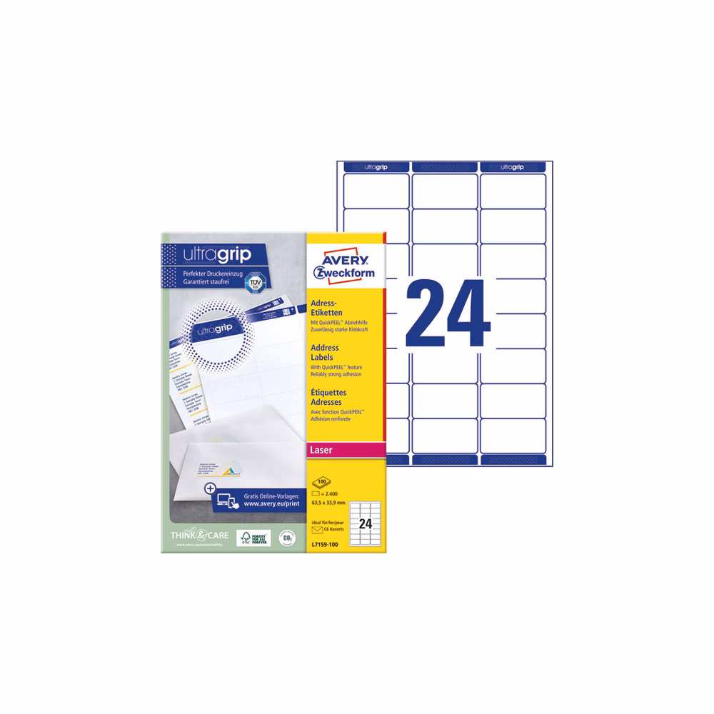 Etikett AVERY L7159-100 63,5x33,9mm univerzális 2400 címke/doboz 100 ív/doboz