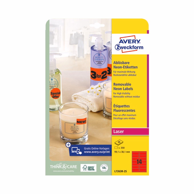 Etikett AVERY L7263R-25 99,1x38,1mm laser neon piros 350 címke/doboz 25 ív/doboz