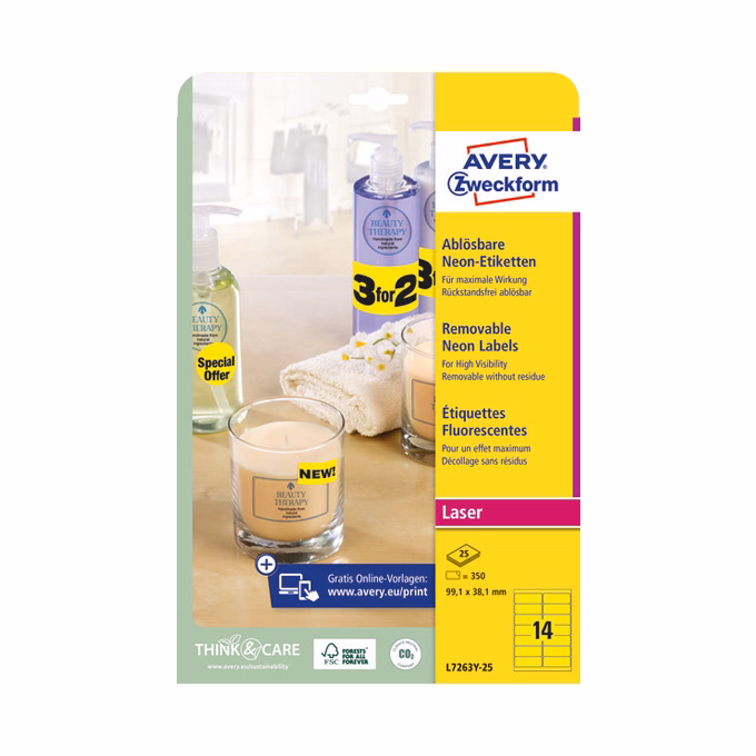Etikett AVERY L7263Y-25 99,1x38,1mm laser neon sárga 350 címke/doboz 25 ív/doboz