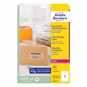 Etikett AVERY L7567-25 210x297mm laser átlátszó 25 címke/doboz 25 ív/doboz