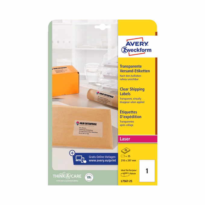 Etikett AVERY L7567-25 210x297mm laser átlátszó 25 címke/doboz 25 ív/doboz
