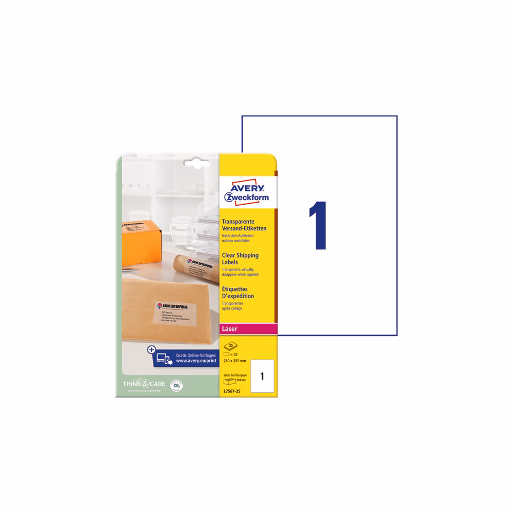 Etikett AVERY L7567-25 210x297mm laser átlátszó 25 címke/doboz 25 ív/doboz