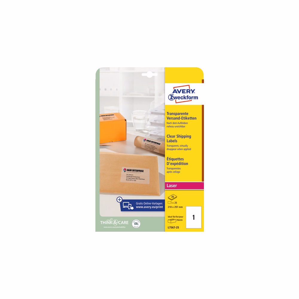 Etikett AVERY L7567-25 210x297mm laser átlátszó 25 címke/doboz 25 ív/doboz