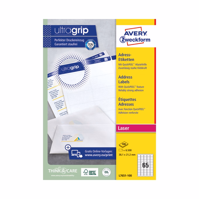 Etikett AVERY L7651-100 38,1x21,2 mm fehér 6500 címke/doboz 100 ív/doboz