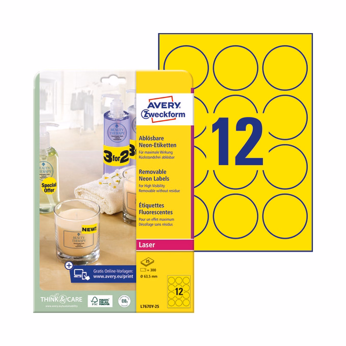 Etikett AVERY L7670Y-25 63,5mm laser kör visszaszedhető neonsárga 300 címke/doboz 25 ív/doboz