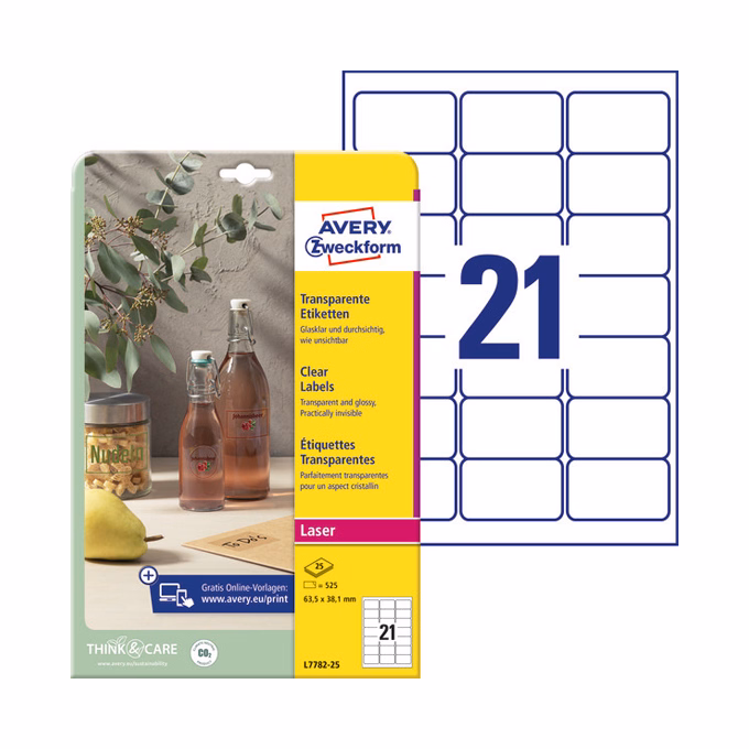 Etikett AVERY L7782-25 63,5x38,1mm víztiszta átlátszó 525 címke/doboz 25 ív/doboz