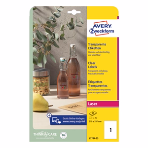 Etikett AVERY L7784-25 210x297mm laser víztiszta átlátszó 25 címke/doboz 25 ív/doboz