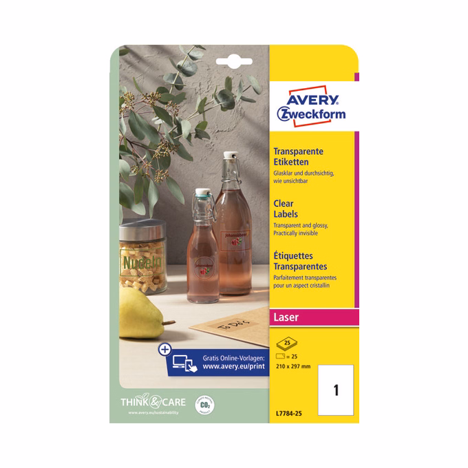 Etikett AVERY L7784-25 210x297mm laser víztiszta átlátszó 25 címke/doboz 25 ív/doboz