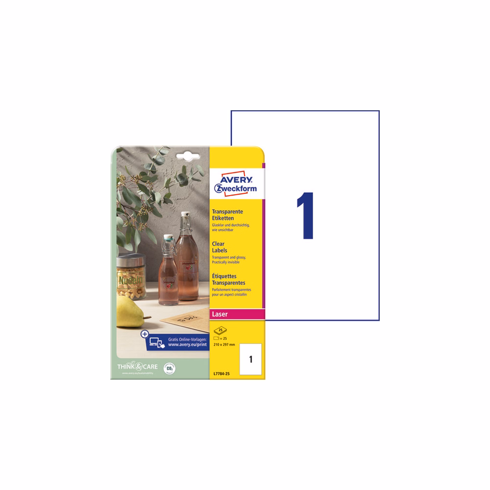 Etikett AVERY L7784-25 210x297mm laser víztiszta átlátszó 25 címke/doboz 25 ív/doboz