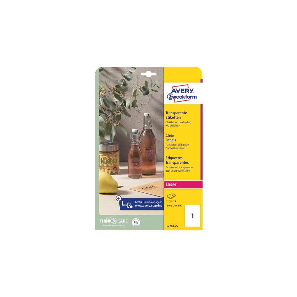 Etikett AVERY L7784-25 210x297mm laser víztiszta átlátszó 25 címke/doboz 25 ív/doboz
