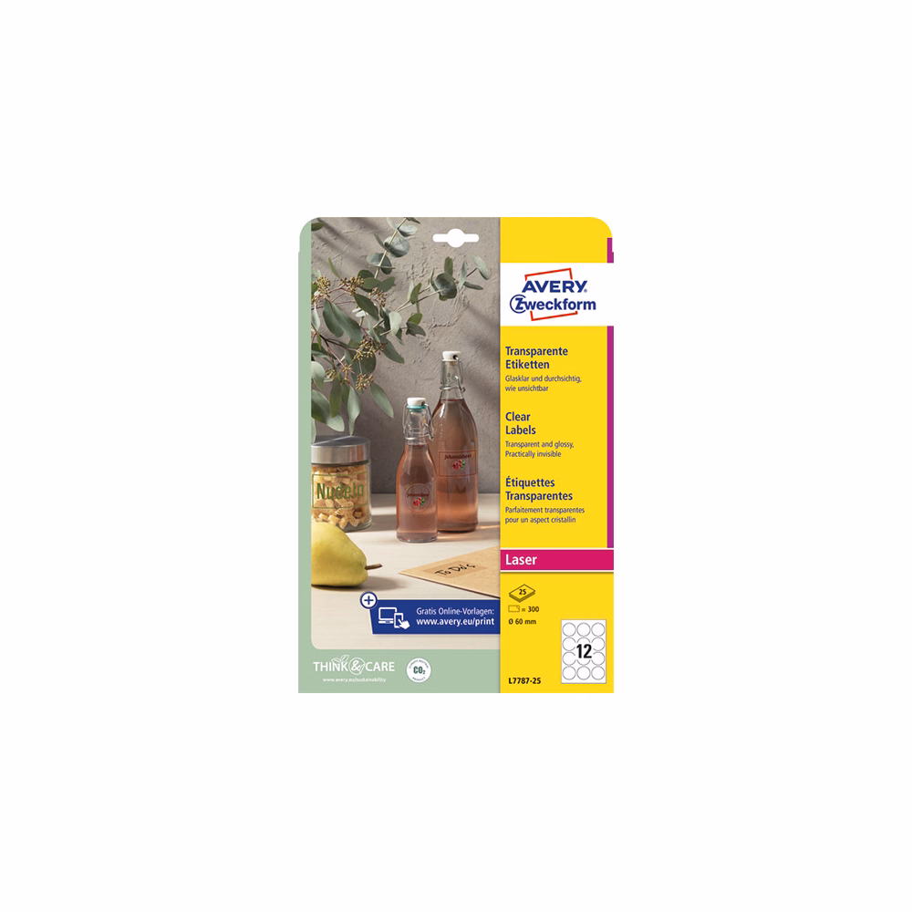 Etikett AVERY L7787-25 60 mm víztiszta átlátszó kör 25 íves