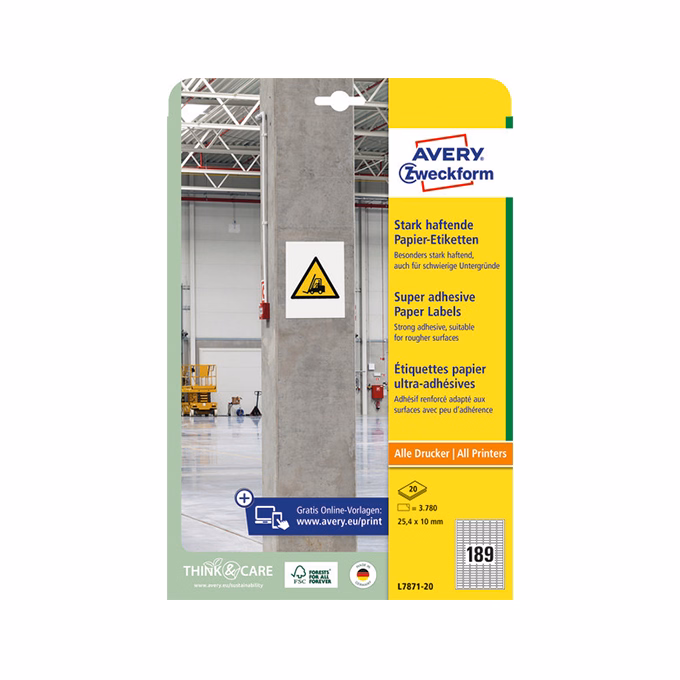 Etikett AVERY L7871-20 25,4x10 mm szuper öntapadó 20 íves