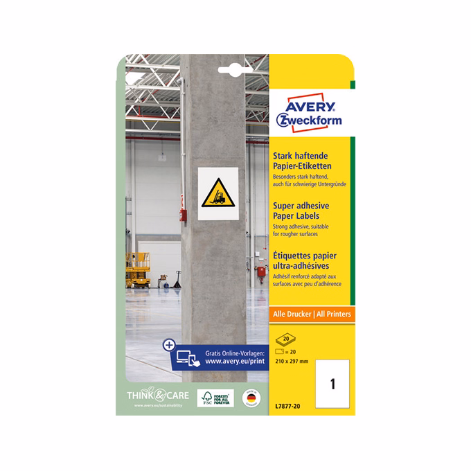 Etikett AVERY L7877-20 210x297 mm szuper öntapadó 20 íves
