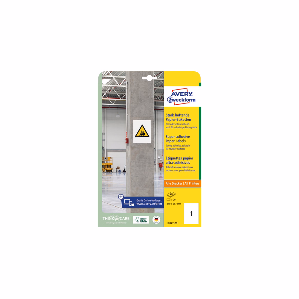Etikett AVERY L7877-20 210x297 mm szuper öntapadó 20 íves