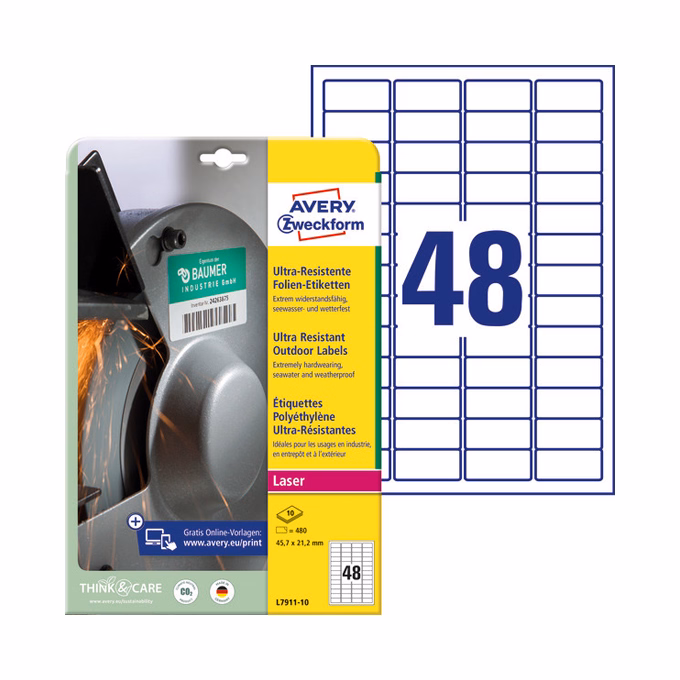 Etikett AVERY L7911-10 45,7x21,2mm ultra ellenálló címke 480 címke/doboz 10 ív/doboz