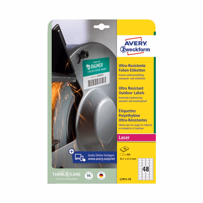 Etikett AVERY L7911-10 45,7x21,2mm ultra ellenálló címke 480 címke/doboz 10 ív/doboz