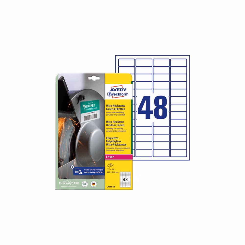 Etikett AVERY L7911-10 45,7x21,2mm ultra ellenálló címke 480 címke/doboz 10 ív/doboz