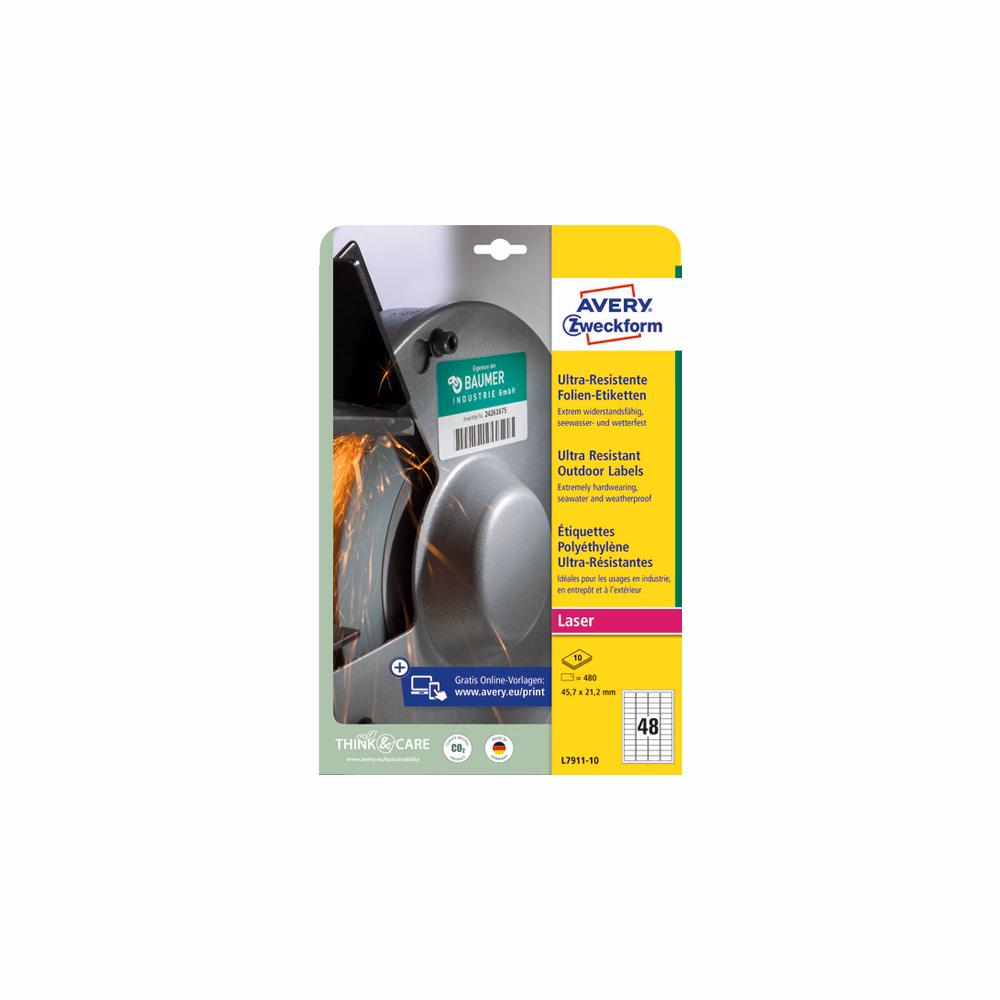 Etikett AVERY L7911-10 45,7x21,2mm ultra ellenálló címke 480 címke/doboz 10 ív/doboz