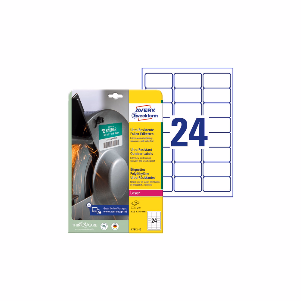 Etikett AVERY L7912-10 63,5 x 33,9 mm ultra ellenálló 240 címke/doboz 10 ív/doboz