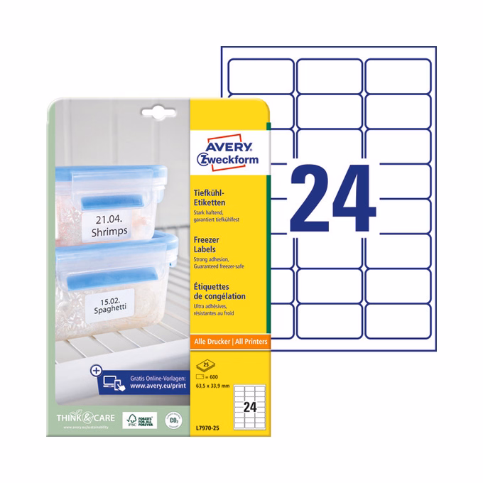 Etikett AVERY L7970-25 63,5x33,9mm univerzális fagyasztó 600 címke/doboz 25 ív/doboz