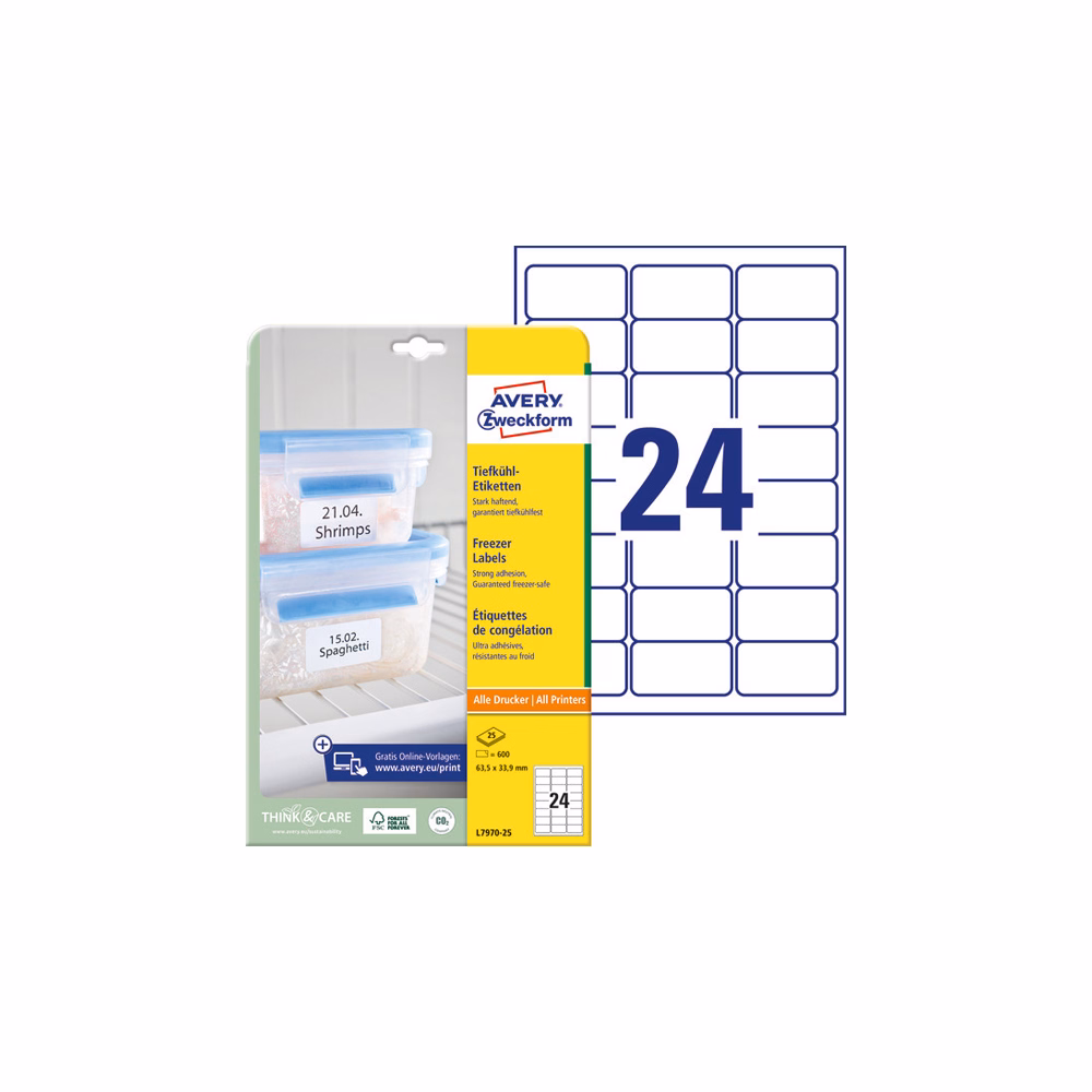 Etikett AVERY L7970-25 63,5x33,9mm univerzális fagyasztó 600 címke/doboz 25 ív/doboz