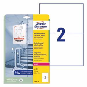 Etikett AVERY L8002-10 210x148mm antimikrobiális fehér 20 címke/doboz 10 ív/doboz