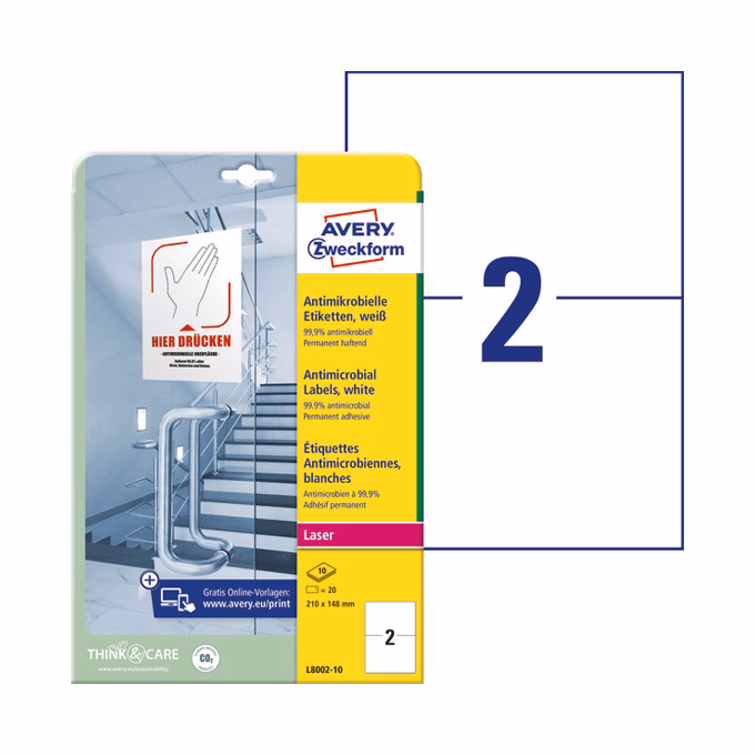 Etikett AVERY L8002-10 210x148mm antimikrobiális fehér 20 címke/doboz 10 ív/doboz