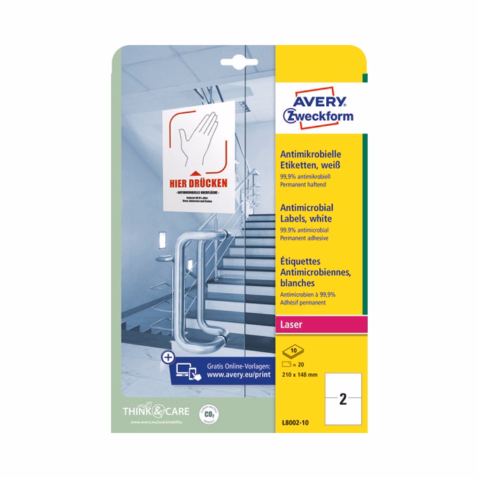 Etikett AVERY L8002-10 210x148mm antimikrobiális fehér 20 címke/doboz 10 ív/doboz