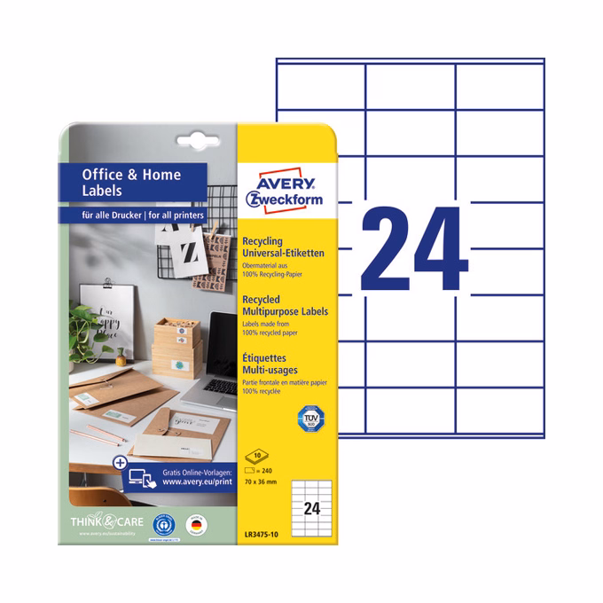 Etikett AVERY LR3475-10 70x36mm környezetbarát  240 címke/doboz 10 ív/doboz