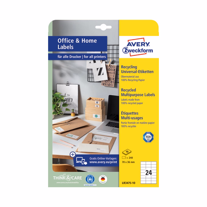 Etikett AVERY LR3475-10 70x36mm környezetbarát  240 címke/doboz 10 ív/doboz