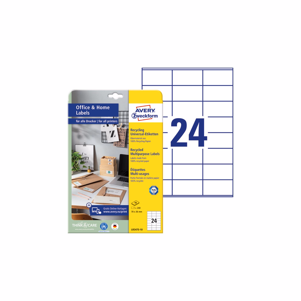 Etikett AVERY LR3475-10 70x36mm környezetbarát  240 címke/doboz 10 ív/doboz
