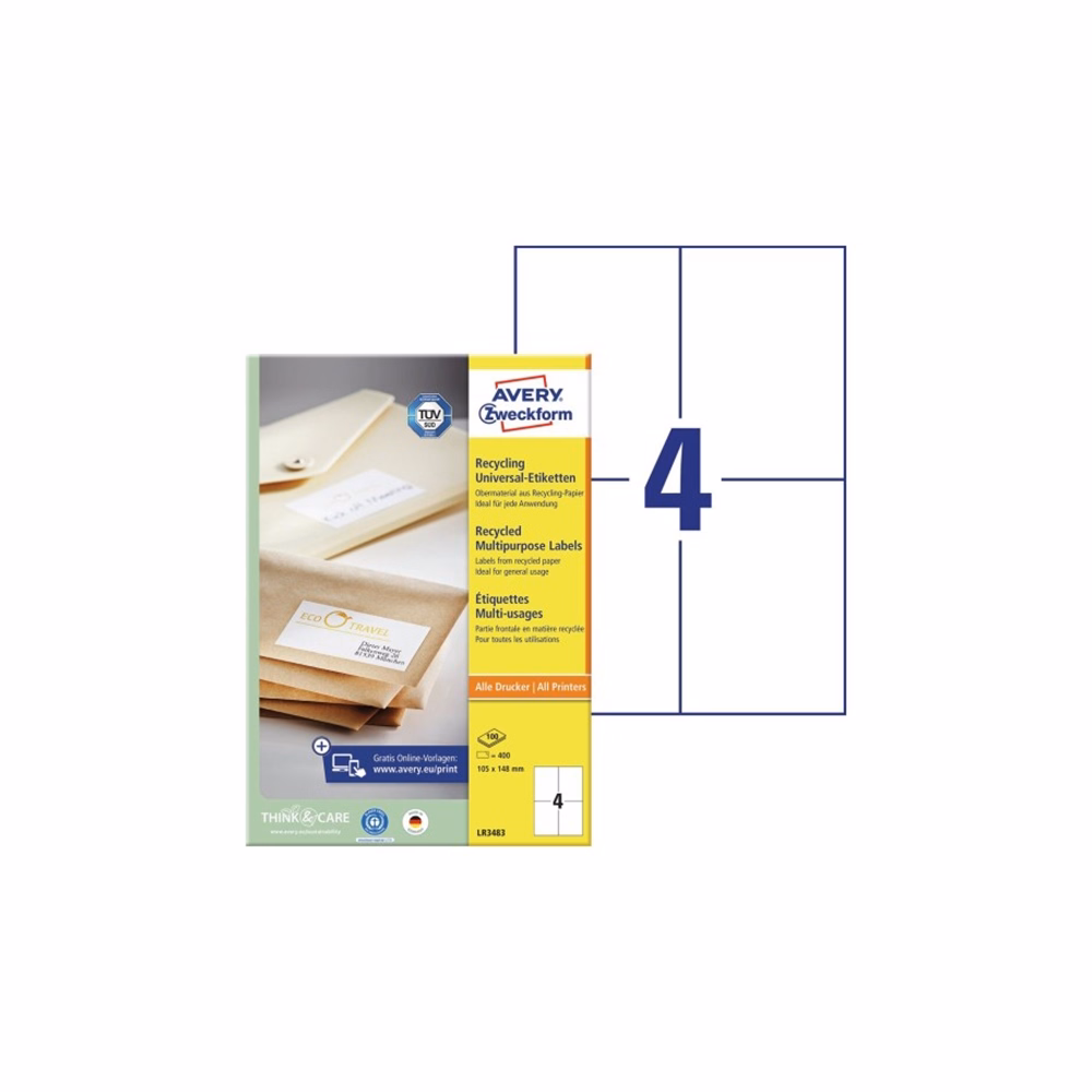 Etikett AVERY LR3483 105x148mm környezetbarát 400 címke/doboz 100 ív/doboz