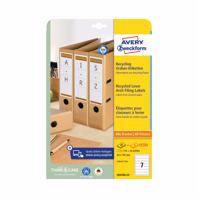 Etikett AVERY LR4760-25 38x192mm iratrendező címke környezetbarát 210 címke/doboz 30 ív/doboz