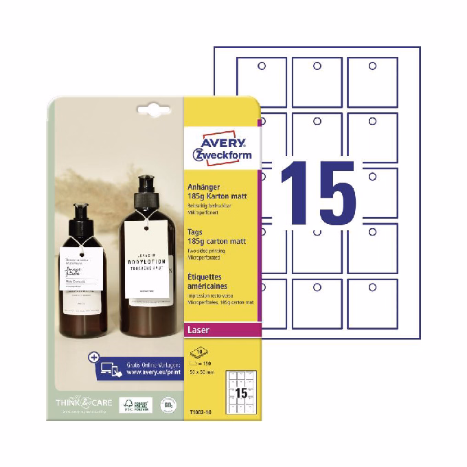 Etikett AVERY T1002-10 50x50 mm függő címke mikroperforált 150 címke/csomag