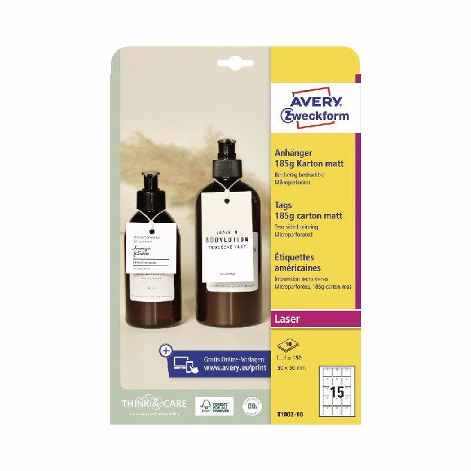 Etikett AVERY T1002-10 50x50 mm függő címke mikroperforált 150 címke/csomag