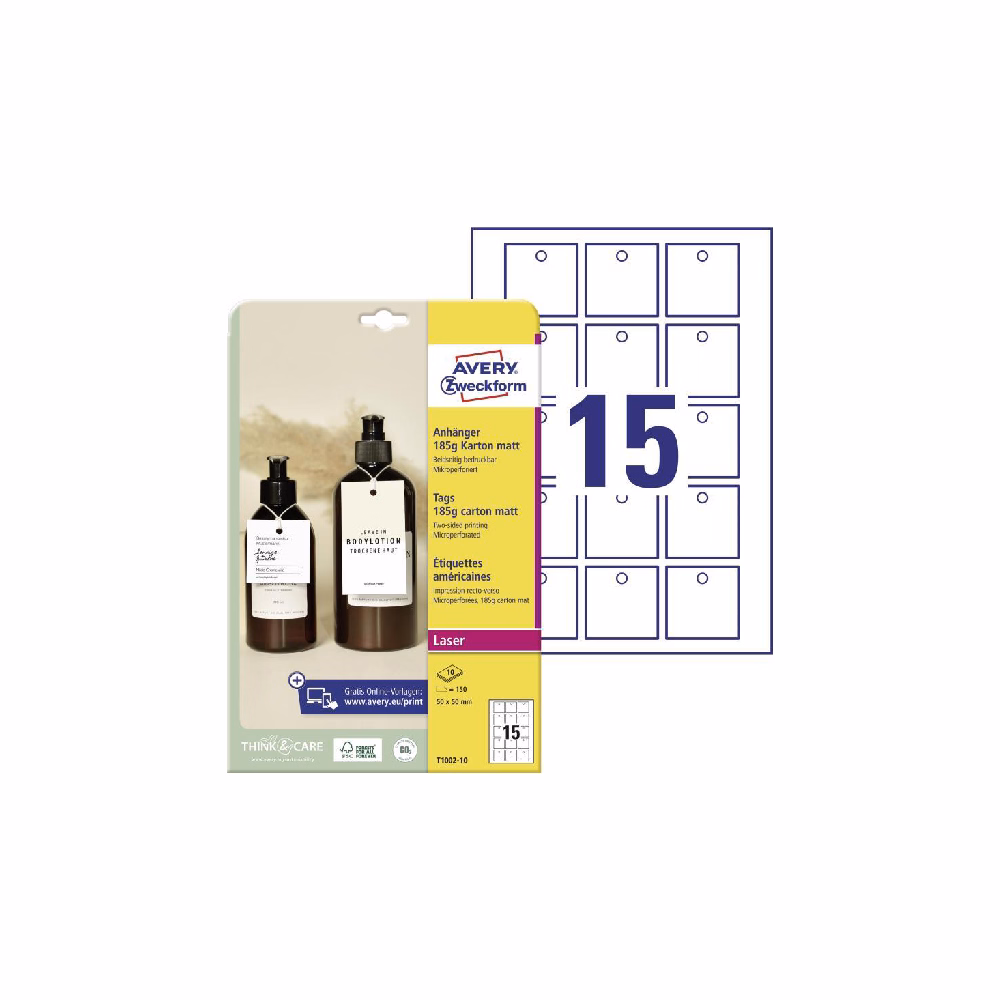 Etikett AVERY T1002-10 50x50 mm függő címke mikroperforált 150 címke/csomag
