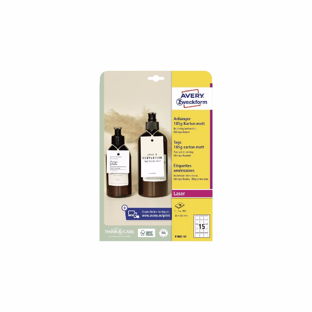 Etikett AVERY T1002-10 50x50 mm függő címke mikroperforált 150 címke/csomag