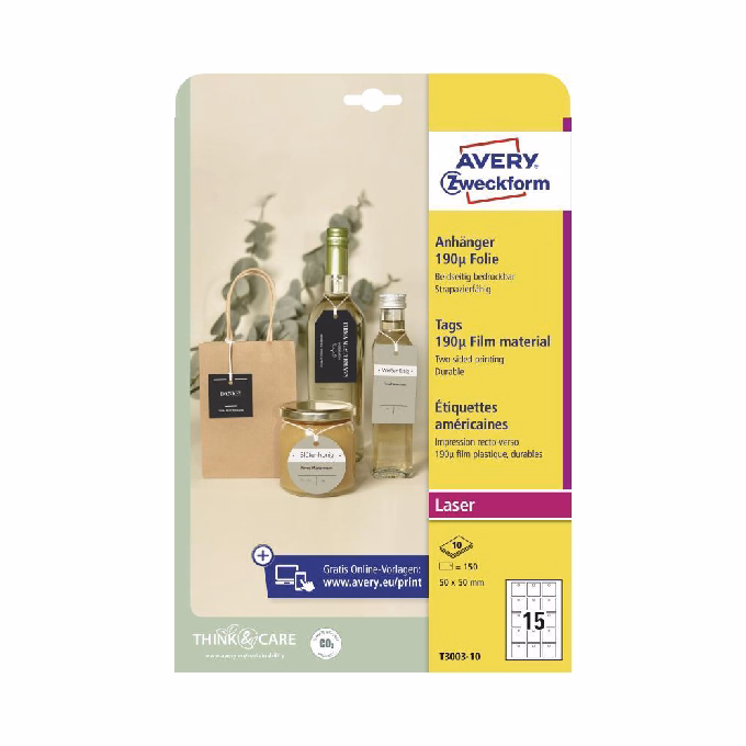 Etikett AVERY T3003-10 50x50 mm függő címke fólia 150 címke/csomag