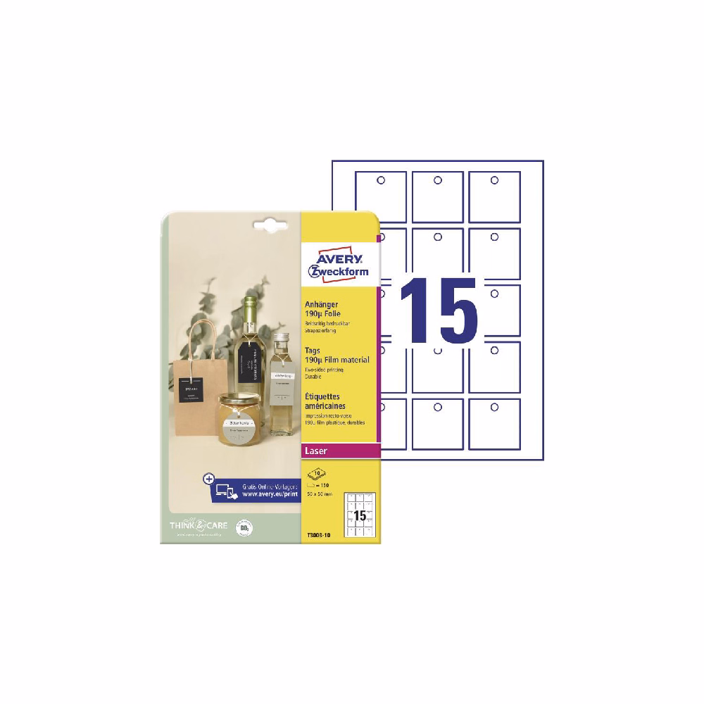 Etikett AVERY T3003-10 50x50 mm függő címke fólia 150 címke/csomag