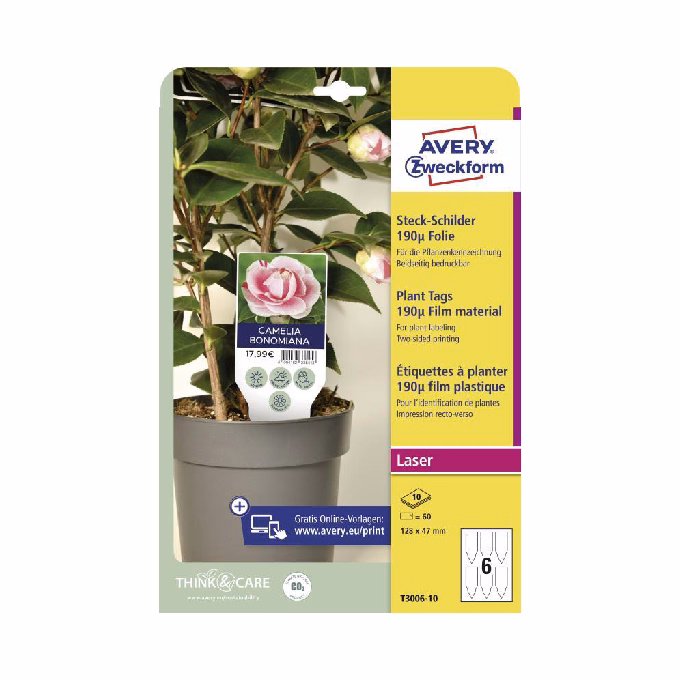 Etikett AVERY T3006-10 128x47 mm kertészeti faiskolai címke fólia 60 címke/csomag