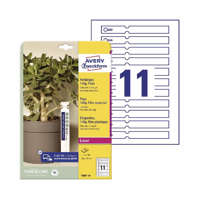 Etikett AVERY T3007-10 160x17 mm átfűzhető kertészeti címke fólia 120 címke/csomag