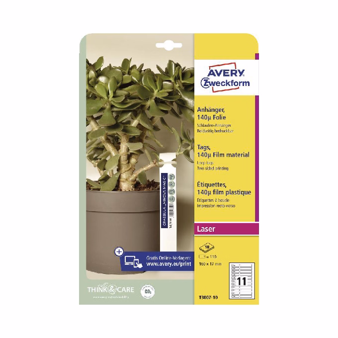 Etikett AVERY T3007-10 160x17 mm átfűzhető kertészeti címke fólia 120 címke/csomag