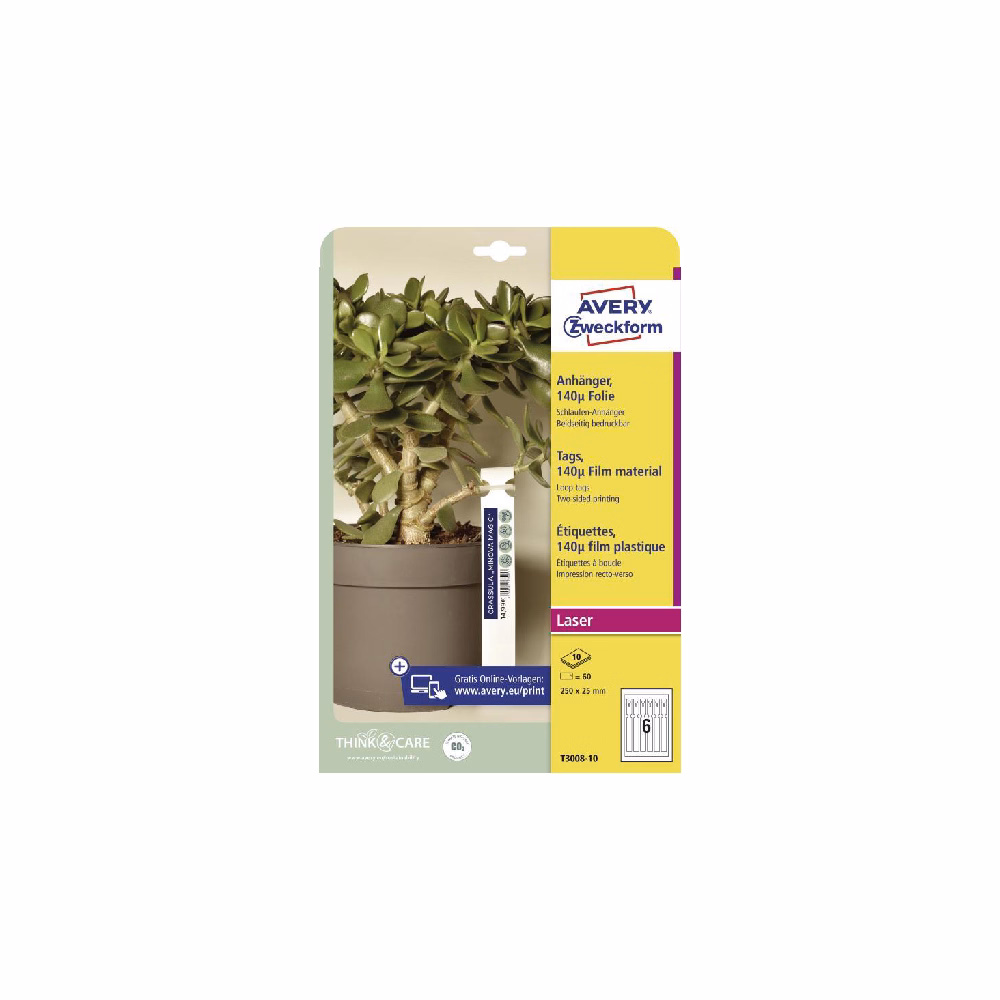 Etikett AVERY T3008-10 250x25 mm átfűzhető kertészeti címke fólia 60 címke/csomag