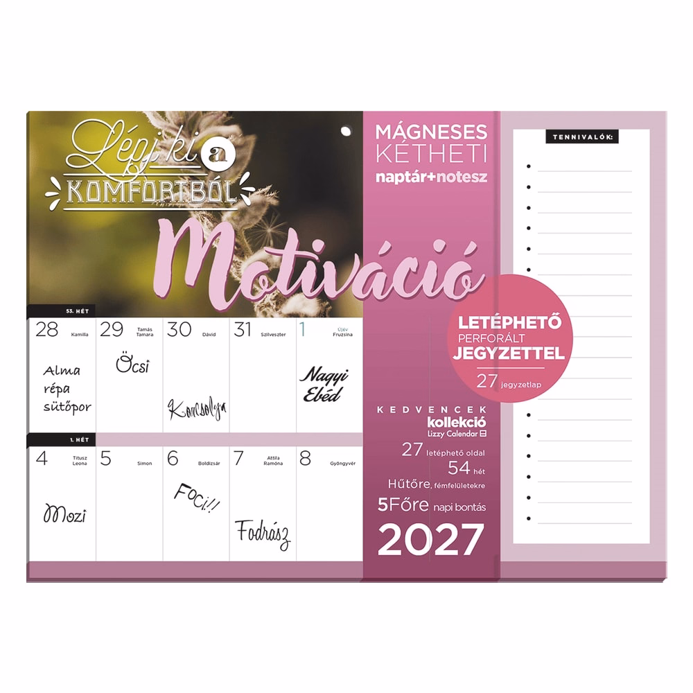 Falinaptár LIZZYCALENDAR 220x220mm 2 hetes + jegyezttömb mágneses Motiváció 2027