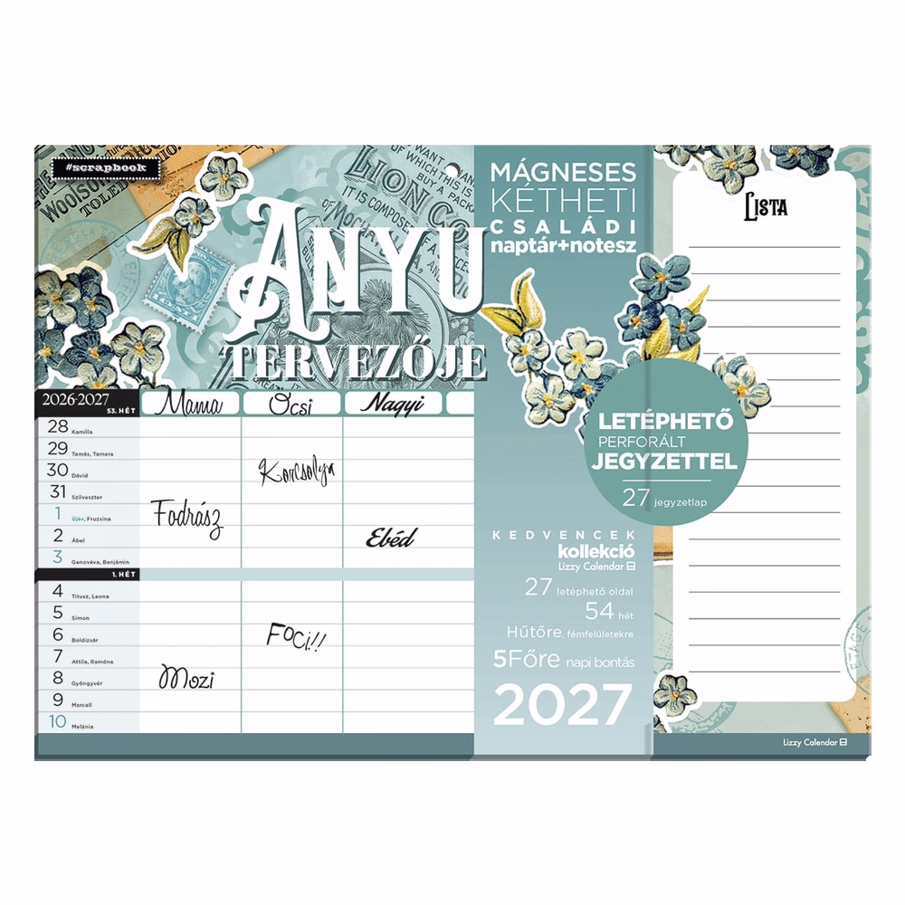 Falinaptár LIZZYCALENDAR 220x220mm 2 hetes + jegyzettömb mágneses Anyu Tervezője Scrapbook Style 2027