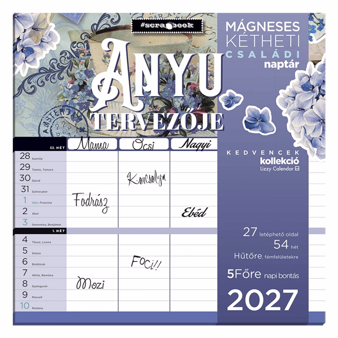 Falinaptár LIZZYCALENDAR 220x220mm 2 hetes mágneses Anyu Tervezője Scrapbook Style 2027